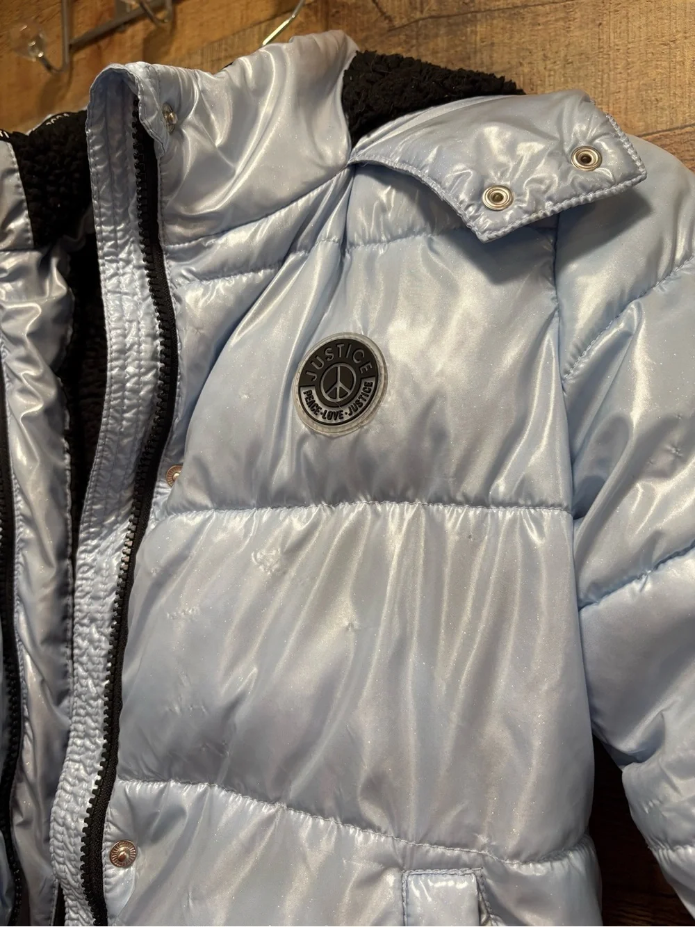 Justice Girls Puffer Coat Size 7/8 Shiny Blue Sherpa Lined Hooded Jacket K020